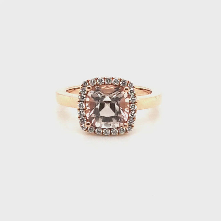 Chatham Morganite Halo Ring with Diamonds in 14k Gold