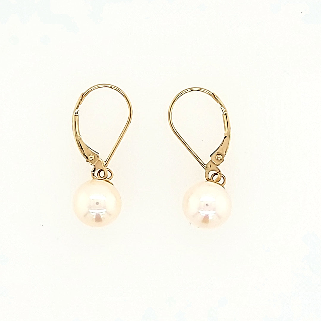 8mm Leverback Pearl Earrings in 14k Gold
