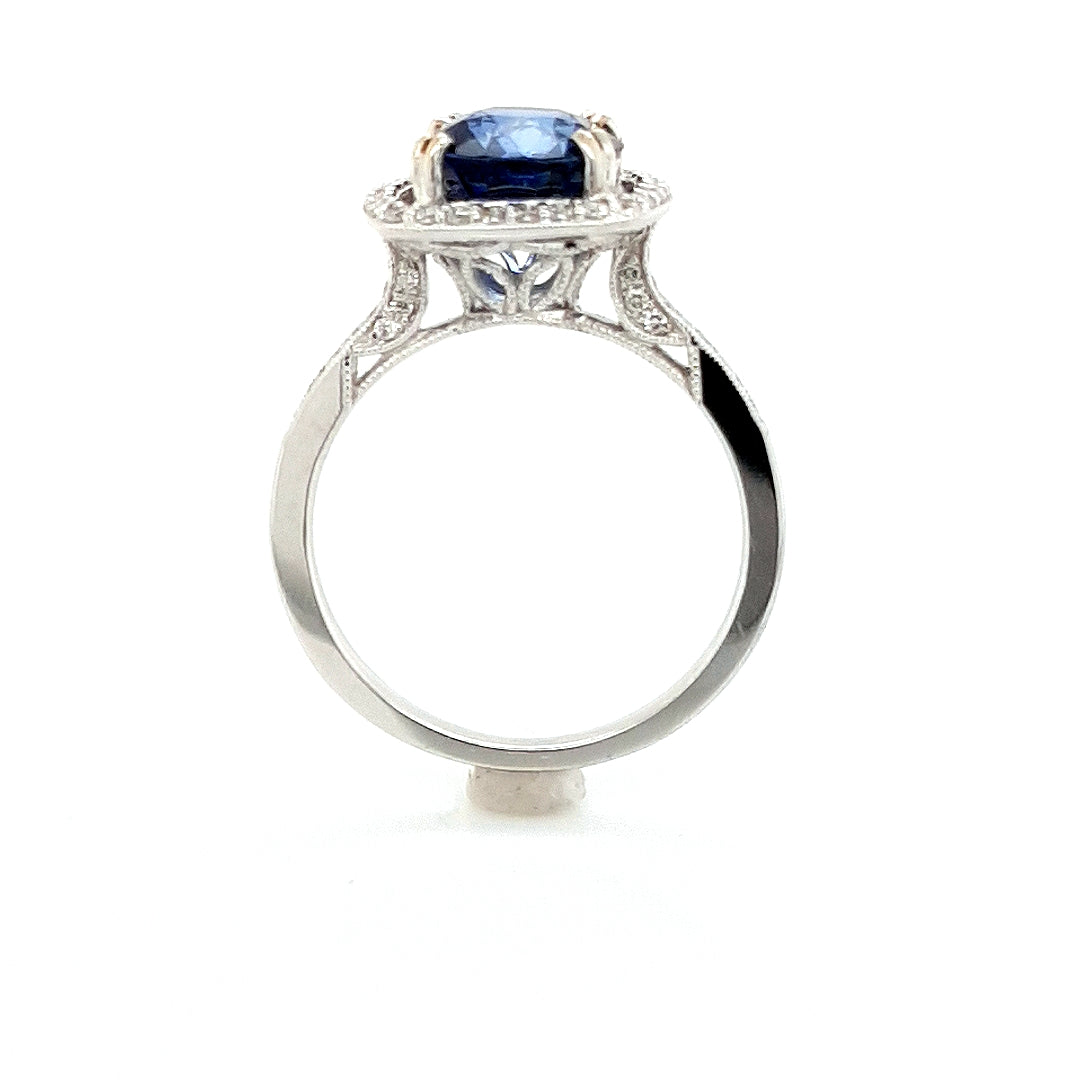 Blue Sapphire &amp; Diamond Halo Ring in 18k Gold