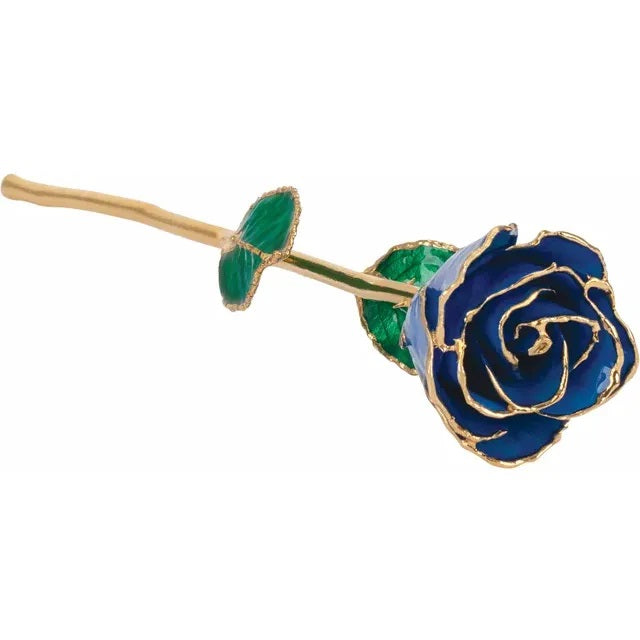 Lacquered Blue Sapphire Colored Rose with Gold Trim