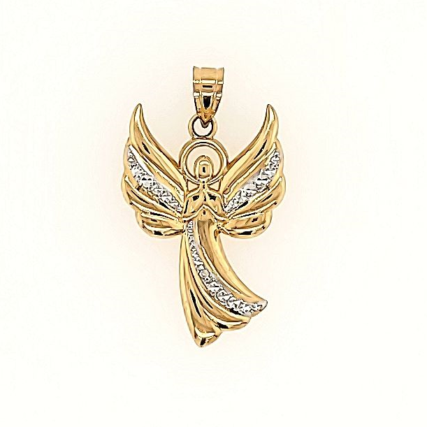A 14k gold pendant in the shape of an angel, with yellow and white gold colors, against a white background.